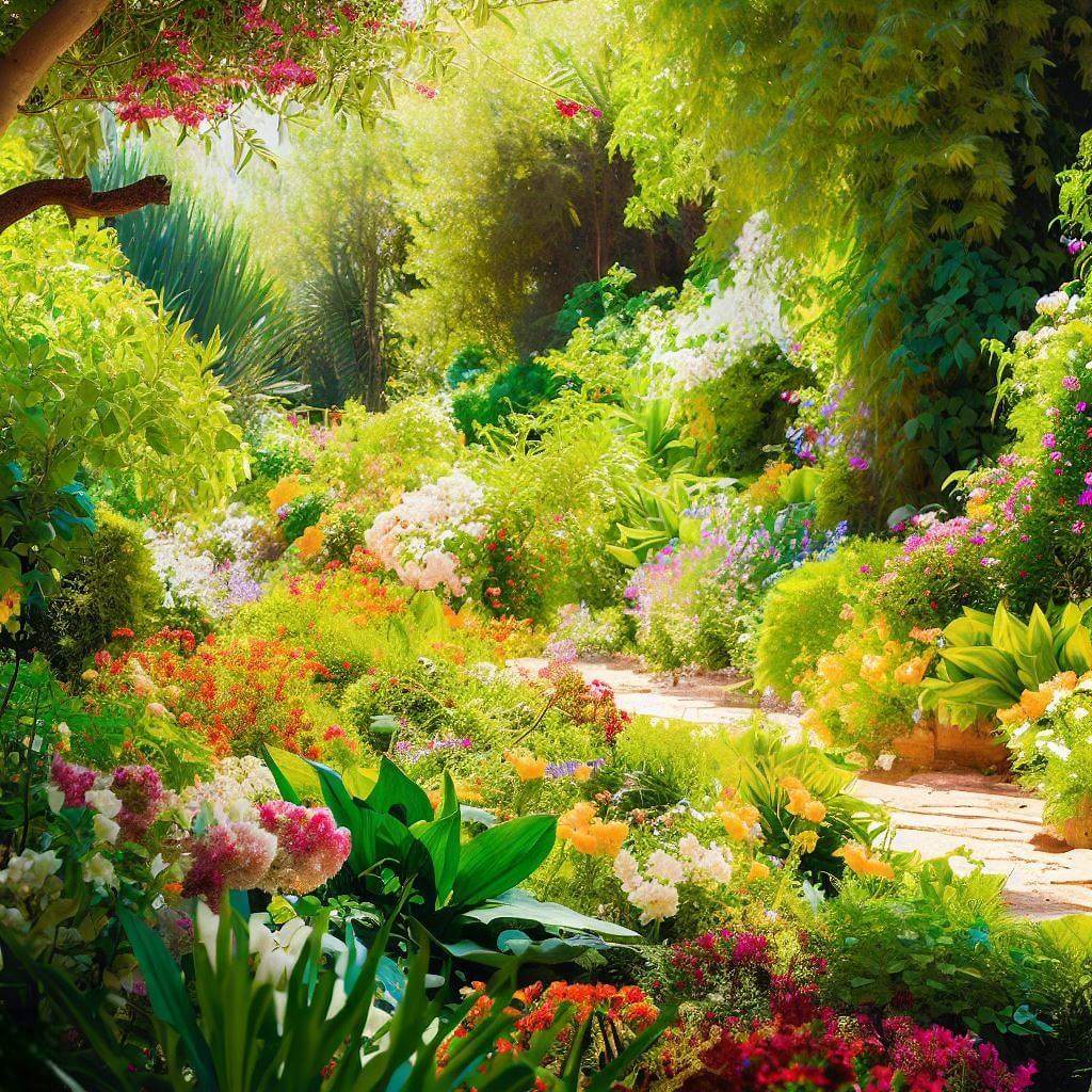 słoneczny ogród i piękne kwiaty  