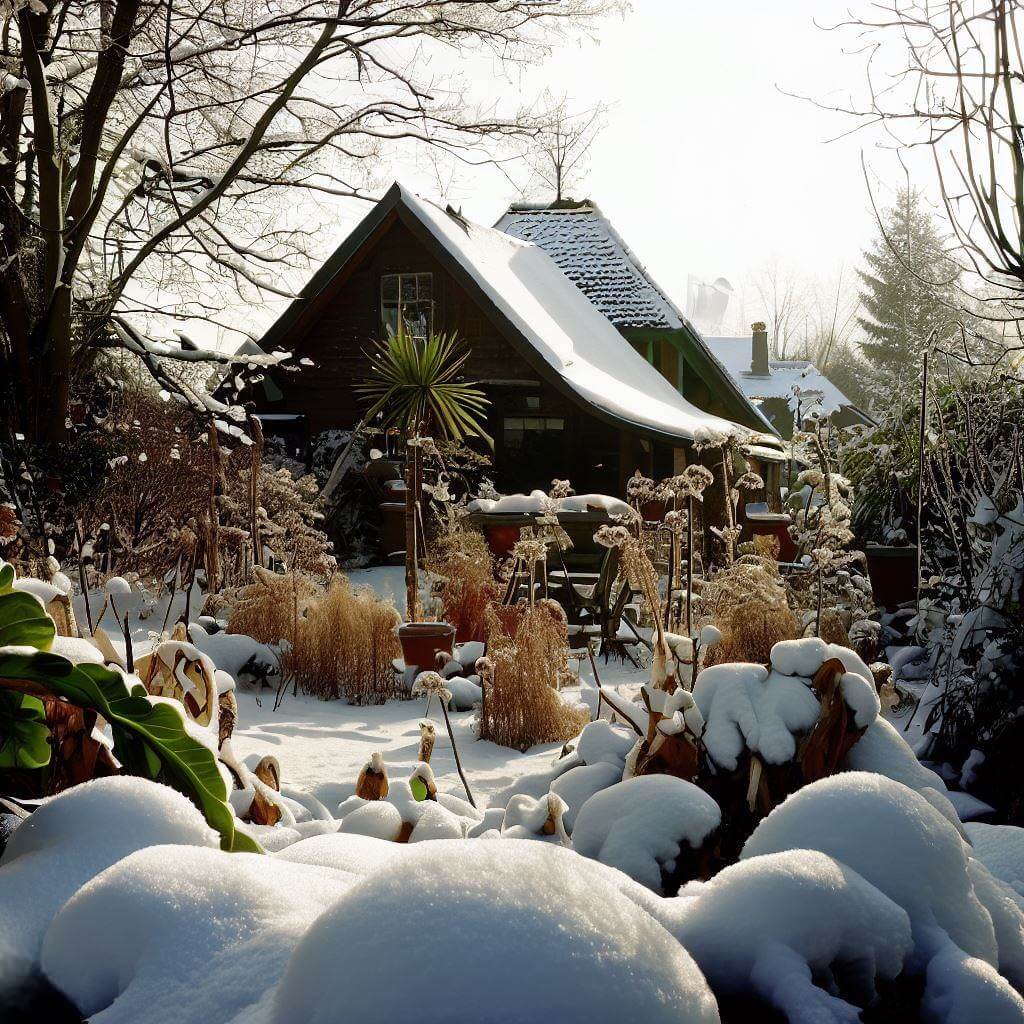 Ogród zimą a rośliny uśpione pod pokrywą śnieżną